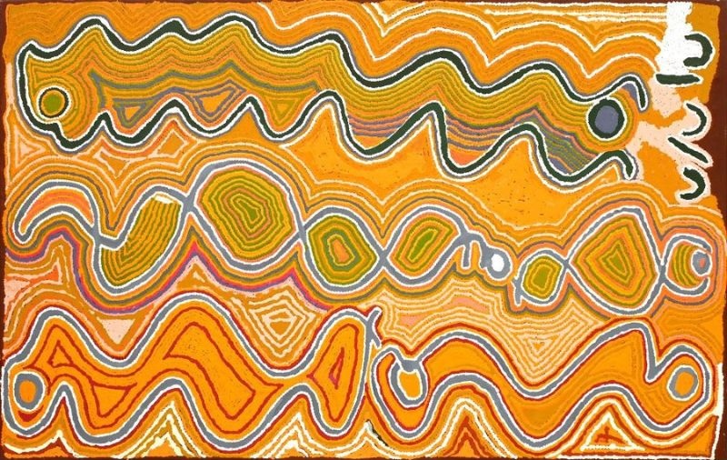 Judy Watson Napangardi painting Mina Mina, Snake Vine, 1999, with large undulating forms, interlocking oval motifs and dense parallel lines in orange, yellow, ochre, green and white.<br />
