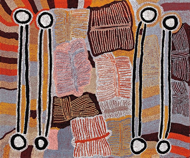 Maggie Watson Napangardi painting with four tall black digging-stick forms outlined in white, set against densely dotted fields of red, orange, pink, grey, brown and ochre.