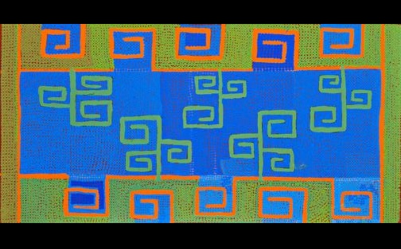 Boxer Milner’s Purkitji (2007), with a broad blue central field containing repeated green hooked forms, surrounded by green dotted areas and orange and blue geometric motifs.