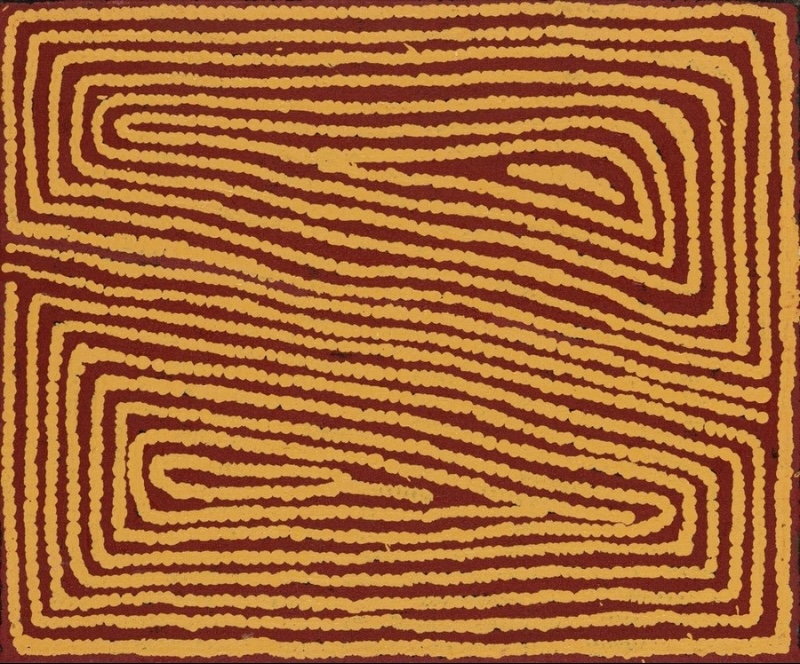 Tjumpo Tjapanangka Marawa 2002, with closely spaced yellow ochre lines forming two elongated geometric fields against a deep red ground.