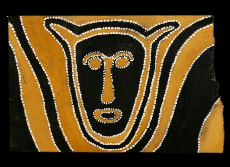Manginta (Devil Devil) by Paddy Jaminji, 1984, a Krill Krill ceremonial painting in natural earth pigments on board.