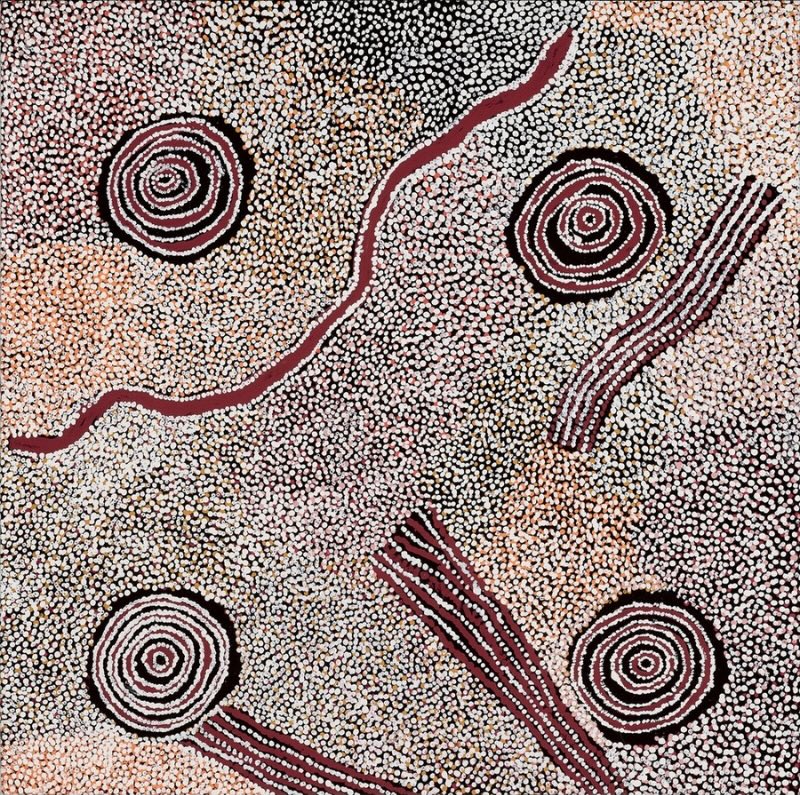 Rockholes Near the Olgas 2008 by Bill Whiskey Tjapaltjarri, with four concentric rockholes, tracks and densely dotted Country near Kata Tjuta.
