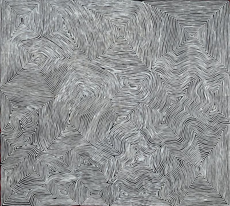 George Tjungurrayi Tingari 2019 acrylic on canvas black and white abstract parallel line painting