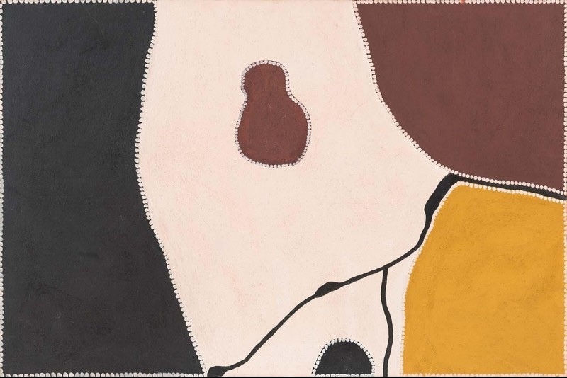 Freddie Timms Scrub Creek (Bow River), 1996, ochre painting with large black, pale pink, red-brown and yellow fields outlined by rows of white dots
