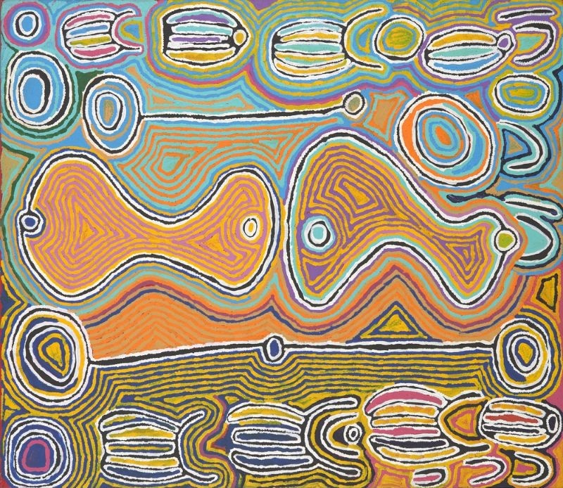 Judy Watson Napangardi painting Mina Mina Jukurrpa, 2005, with two large undulating central forms, concentric circles and striped U-shaped motifs surrounded by flowing lines of pink, orange, yellow, blue and green.