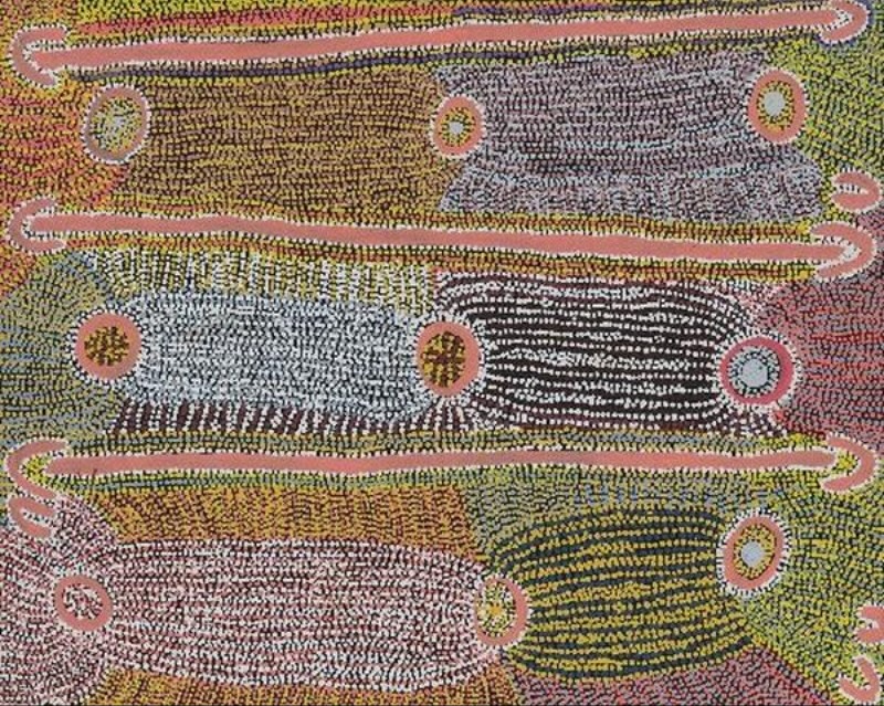 Maggie Watson Napangardi painting with long pink and white digging-stick forms crossing dense fields of yellow, green, black, white and red dots, interspersed with circular motifs representing important sites.