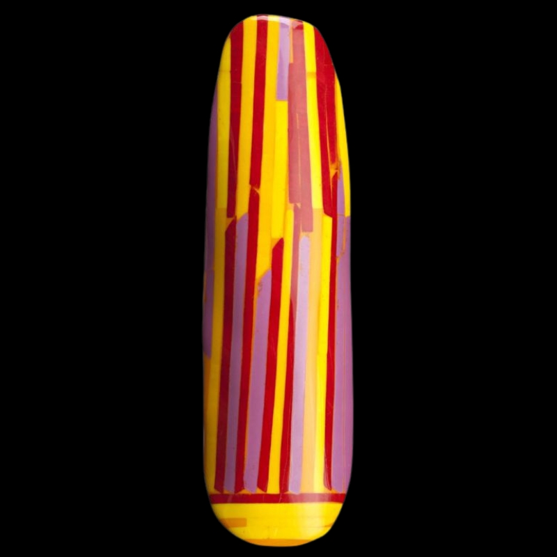 Tjumpo Tjapanangka Coolamon 2006 glass sculpture, an elongated oval form decorated with vertical bands of yellow, red, pink and purple.