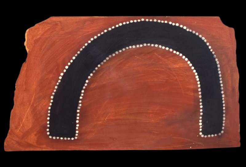 Krill Krill Ceremony Dance Board (Cyclone Tracy) by Paddy Jaminji, 1979, painted in natural earth pigments on construction board.