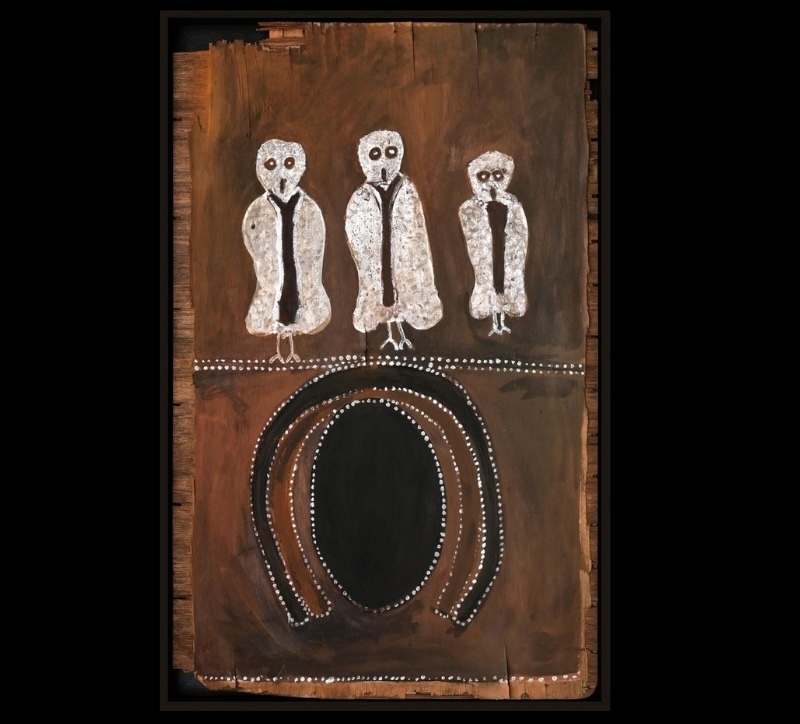 Three Owls at Pompei Pillar, 1981 by Rover Thomas, natural earth pigment on plywood