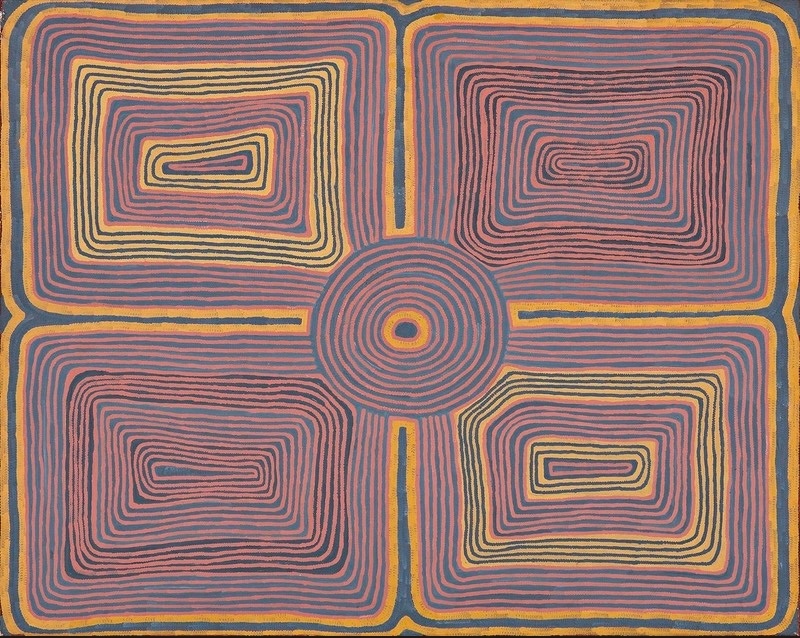 Ronnie Tjampitjinpa’s Old Woman and Her Two Children (Thunder and Lightning) (1993), featuring a central concentric circle surrounded by four large rectangular fields of repeated pink, yellow and dark grey lines.