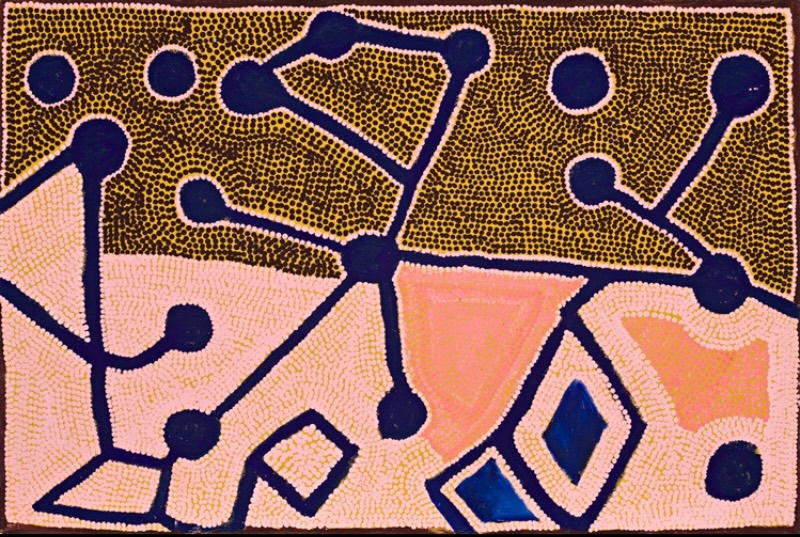 Boxer Milner’s Untitled (2001), with dark blue branching lines, circles, triangles and diamond forms crossing densely dotted fields of yellow, pink and orange.