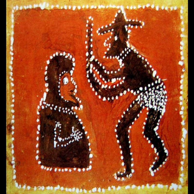 That Whitefella Kill Blackfella by Paddy Jaminji, 1988, depicting an armed white figure confronting an Aboriginal figure in an East Kimberley historical scene.