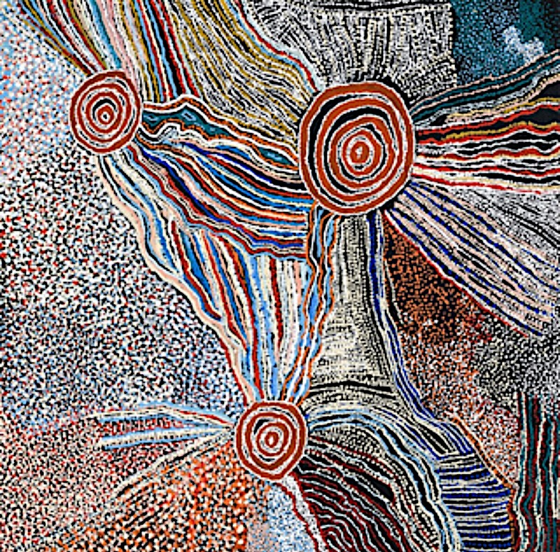 Rock Holes and Country Near the Olgas 2006 by Bill Whiskey Tjapaltjarri, showing concentric rockholes linked by radiating pathways across ancestral Country.
