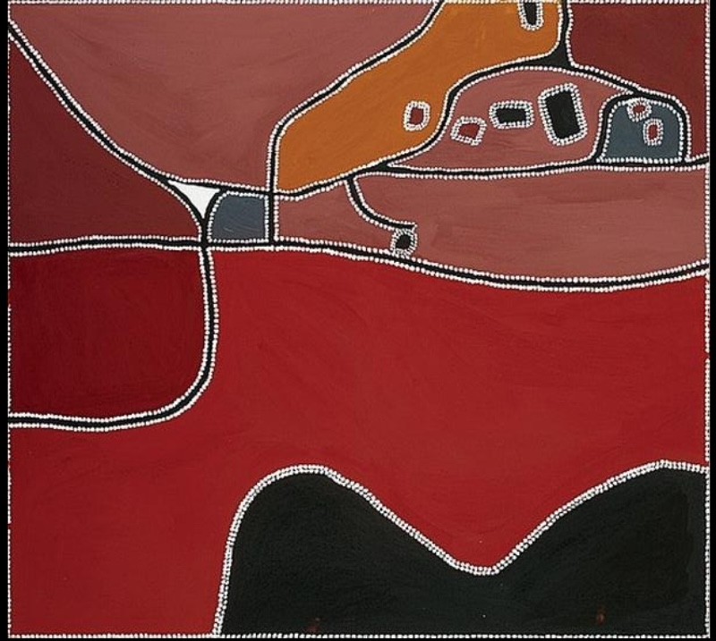 Freddie Timms Bow River 1999, Aboriginal ochre painting with large red, black, brown and yellow shapes outlined by white dots
