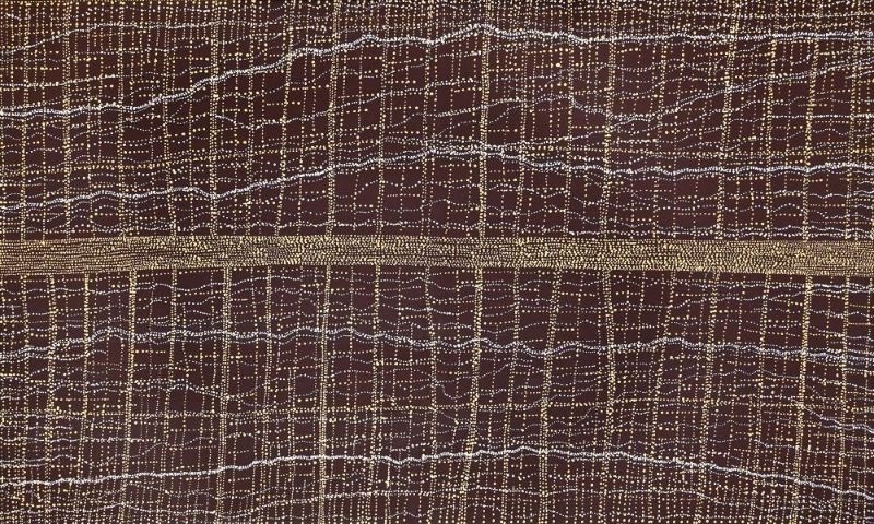 Abstract painting on a deep brown background covered with thousands of tiny white and pale ochre dots forming a delicate network of intersecting vertical and horizontal lines. Several broad horizontal bands cross the composition while gently wavering lines weave through the intricate grid, creating the appearance of salt flats and ancestral pathways viewed from above.