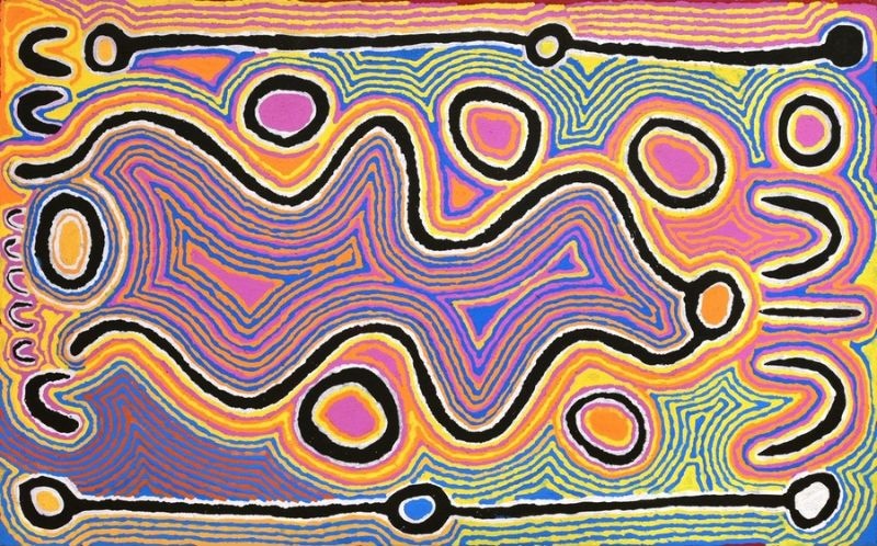 Judy Watson Napangardi painting Mina Mina Jukurrpa, 2004, with a large central undulating form, circular and U-shaped motifs, and dense contour lines in pink, orange, yellow, blue and green.