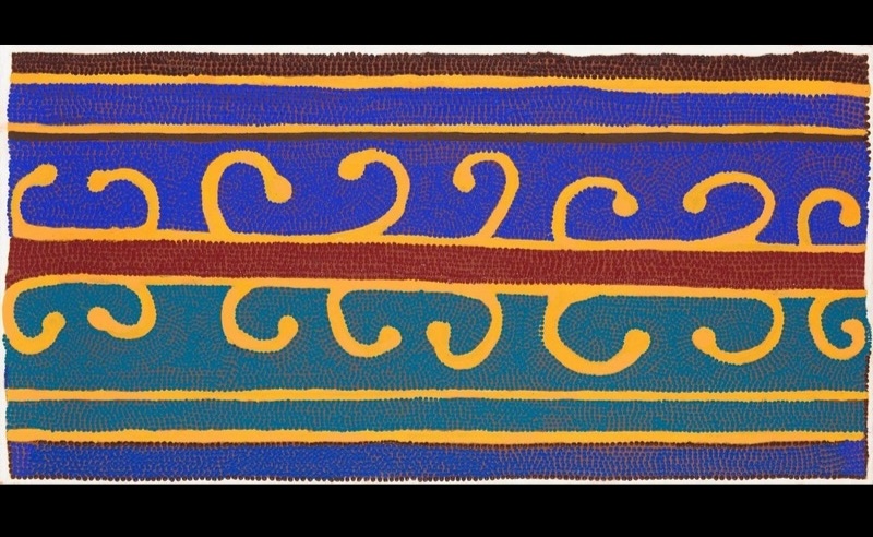 Boxer Milner’s Untitled (2000), with repeated curling yellow forms arranged across horizontal fields of deep blue, turquoise and burgundy with dense dotting.