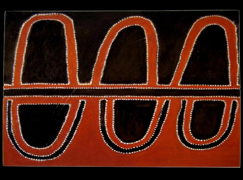 Jiliyilli Country by Paddy Jaminji, c. 1984, an East Kimberley painting in natural earth pigments depicting an important Krill Krill Dreaming site.<br />
