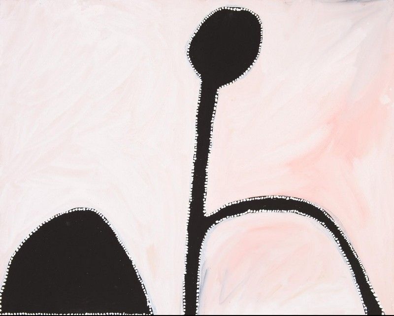 Abstract painting by Paddy Bedford with luminous pale pink and white ochre washes, bold black linear forms and rounded black motifs outlined with fine white dotting.