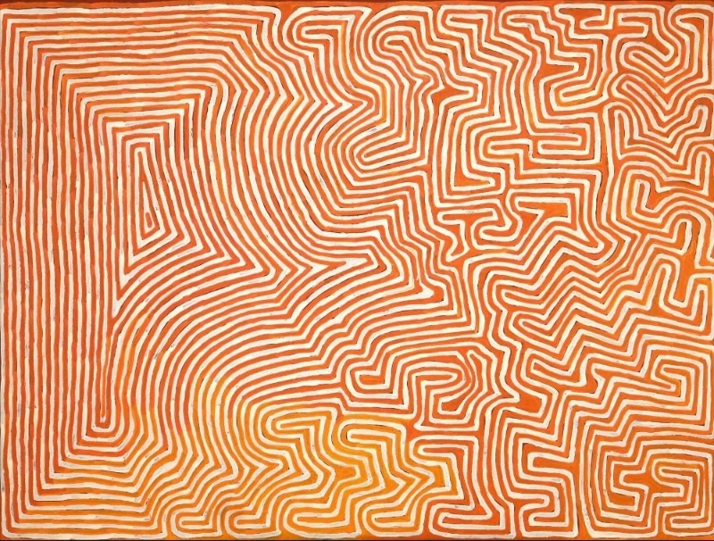 Ronnie Tjampitjinpa Water Dreaming 2008 painting, with orange parallel lines flowing from a large elongated geometric form into dense maze-like patterns on a white ground.