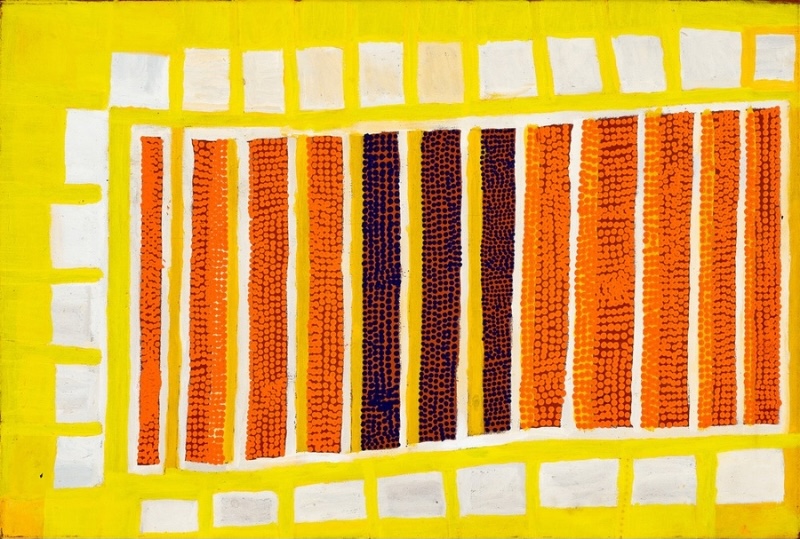 Boxer Milner’s Purkitji (2006), with parallel orange and dark purple dotted bands enclosed by white lines and surrounded by white rectangular forms on a vivid yellow ground.