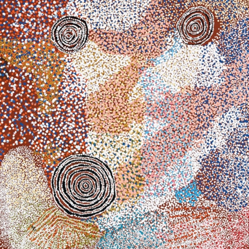 Rock Holes Near the Olgas 2005 by Bill Whiskey Tjapaltjarri, Western Desert painting depicting rockholes and Country near Kata Tjuta.