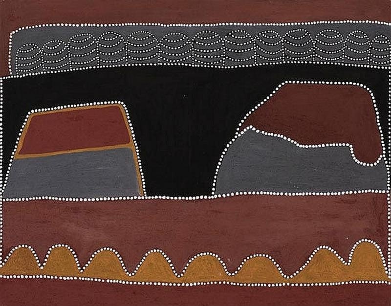 My Father’s Country, 2001 by Jack Britten, with a row of small striped hills above large black, red and grey landforms and ochre hills outlined in white dots.