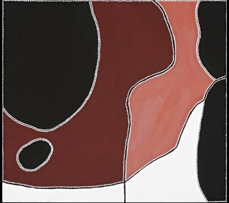 Freddie Timms Jarlalu Country 2001, Aboriginal ochre painting with large black, red, pink and white shapes outlined by white dots