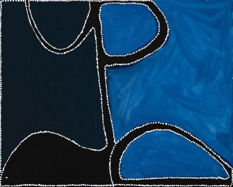 Abstract Aboriginal painting by Paddy Bedford featuring deep blue and black forms outlined with white dots, representing Dingo Springs in Gija Country.