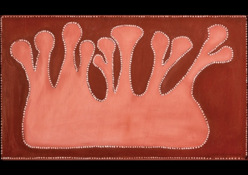 Untitled (Bedford Station) by Paddy Jaminji, c. 1983, an East Kimberley painting in ochre pigment on plywood.