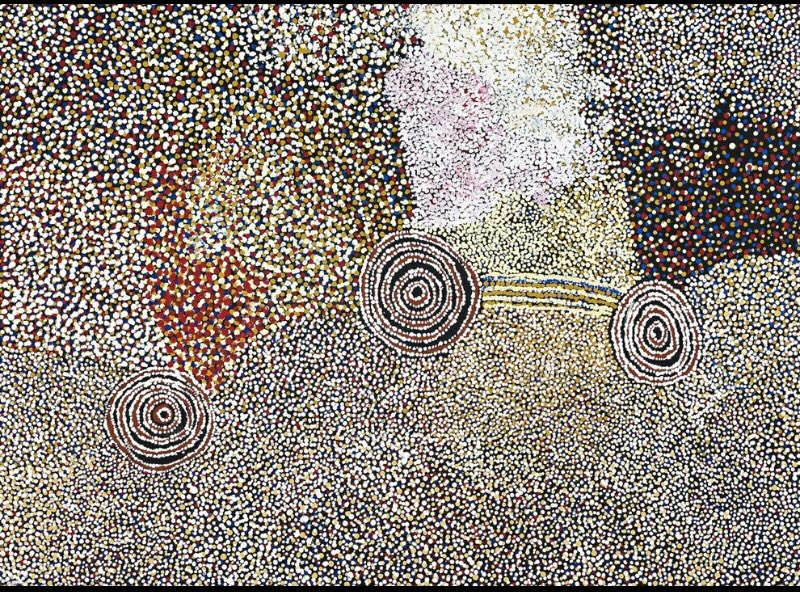Rockholes Near the Olgas 2006 by Bill Whiskey Tjapaltjarri, showing three concentric rockholes surrounded by densely dotted ancestral Country near Kata Tjuta.