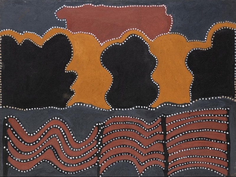 Dabanbine River, 1998 by Jack Britten, with bold black and yellow ochre landforms above undulating red-brown bands outlined with rows of white dots.