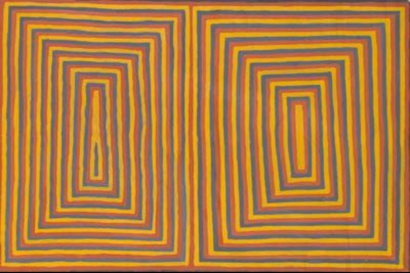 Turkey Tolson Tjupurrula Tingari Painting, 1994. Aboriginal painting with two large nested rectangular motifs in ochre, orange, yellow and grey on a warm earth-coloured background.