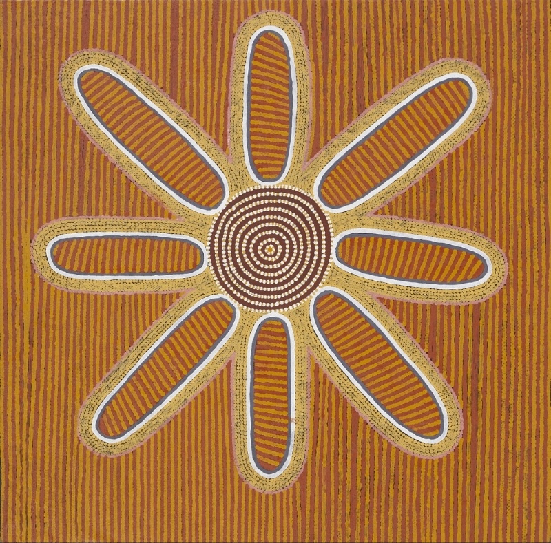Turkey Tolson Tjupurrula Munni Munni Dreaming, 1992. Aboriginal painting with a central concentric circle surrounded by eight elongated oval forms on a background of fine vertical ochre and brown lines.