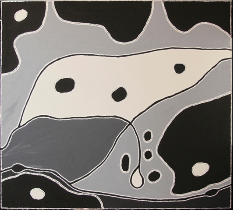 Freddie Timms Sally Malay, 2007 – aerial East Kimberley landscape with waterholes, creek lines and areas of black, white and grey Country