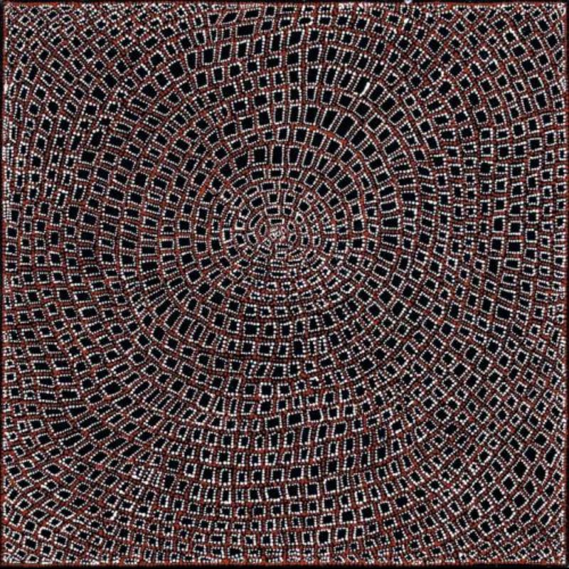 Dorothy Napangardi Karntakurlangu Jukurrpa 1999 acrylic on linen featuring a concentric field of finely dotted black and white grids representing the Women's Dreaming at Mina Mina.