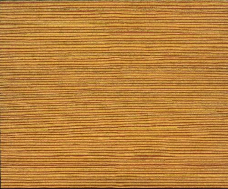 Turkey Tolson Tjupurrula Straightening Spears at Illyingaungau, 1996. Aboriginal painting composed entirely of fine horizontal ochre, yellow and brown lines extending across the canvas with subtle tonal variations.