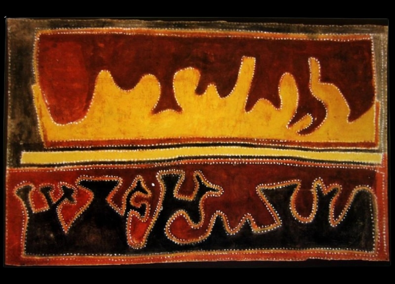 Untitled by Paddy Jaminji, 1984, an East Kimberley landscape painting in natural earth pigments on canvas, possibly related to the Argyle Diamond Mine.
