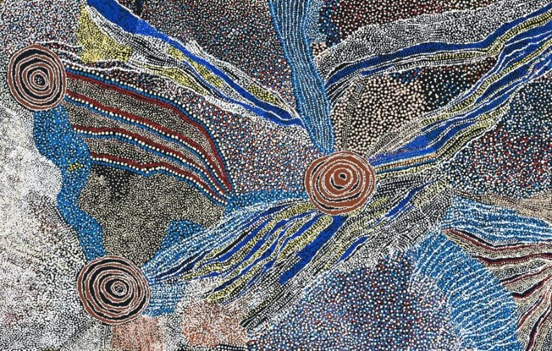 Rockholes and Country Near the Olgas 2006 by Bill Whiskey Tjapaltjarri, depicting rockholes and ancestral Country associated with his White Cockatoo Tjukurpa.
