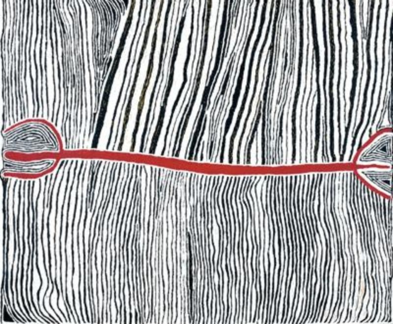Judy Watson Napangardi painting Mina Mina, Hair String Story, 2004, with dense rippling black and white vertical lines crossed by a single red horizontal line connecting forms at either side.