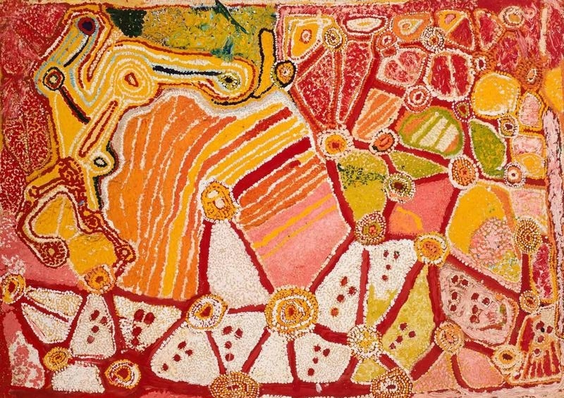 Wimmitji Tjapangarti's Artist's Country (Wantjanmurra), 1992, with red pathways linking circular sites through fields of red, yellow, orange, pink and white dotting, representing rockholes, creeks, hills and bilby burrows.