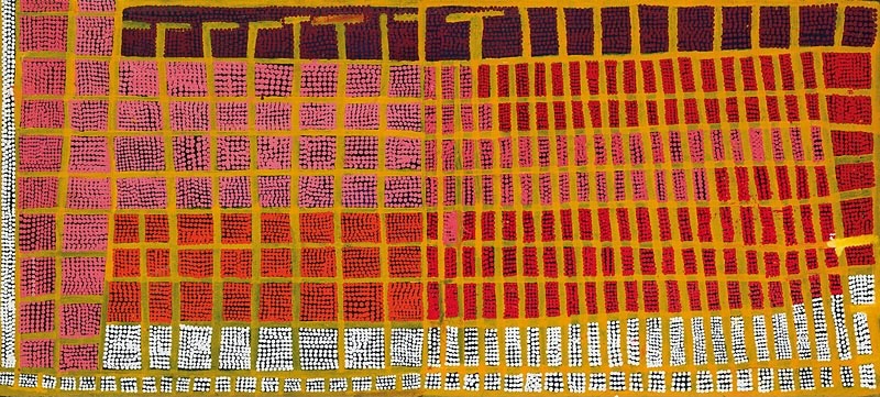 Boxer Milner’s Purkitji (2006), a long horizontal painting filled with dense rectangular grids of pink, red, purple and white separated by yellow lines.