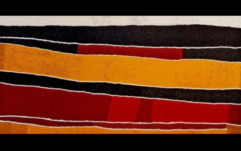 Sunfly Tjampitjin's Small Birds Travels Near Kininyuru, with horizontal bands of red, ochre and black separated by fine white dotted lines.