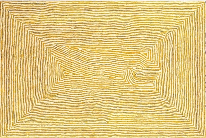 Tjumpo Tjapanangka Walartu 2003, with dense yellow ochre parallel lines forming angular and curved geometric shapes across a white ground.