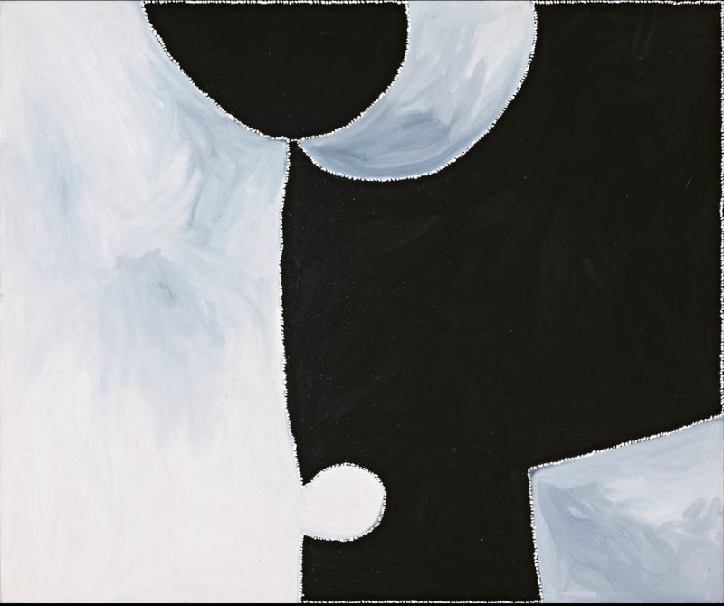 Abstract Aboriginal painting by Paddy Bedford with monumental black and white forms, luminous grey washes and minimalist composition representing Fig Tree Hole in Gija Country.