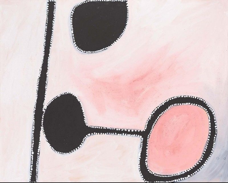 Abstract painting by Paddy Bedford with pale pink and white ochre washes, bold black organic forms outlined in white dots, and a vertical black line on the left.