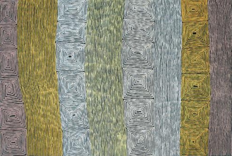 Ronnie Tjampitjinpa Tingari Dreaming 2004 painting, with vertical bands of fine yellow, white and dark lines alternating with columns of repeated concentric rectangular motifs