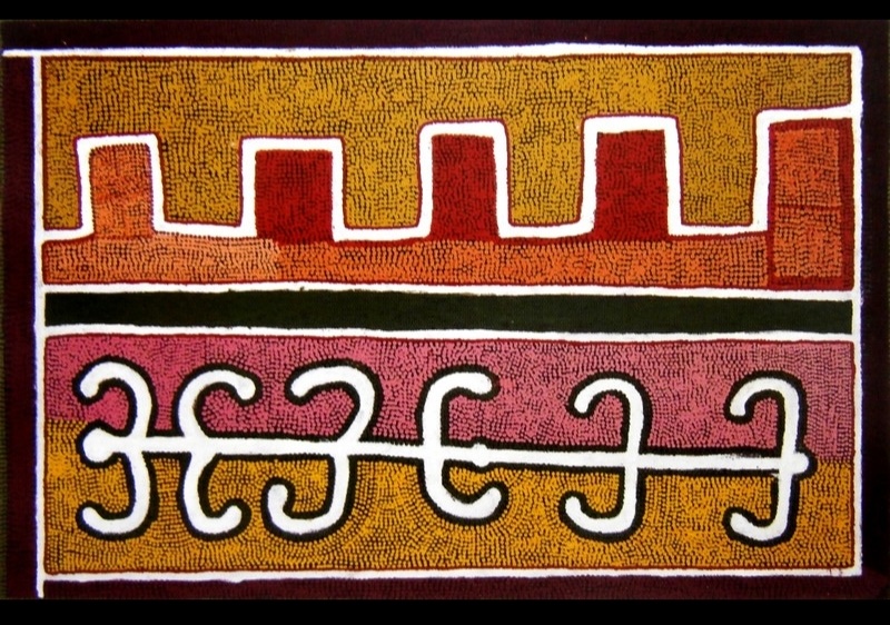 Boxer Milner’s Sturt Creek Near Billiluna (1999), with a white-edged creek form, black silt band and repeated white hooked ceremonial designs surrounded by dense ochre, pink and brown dotting.