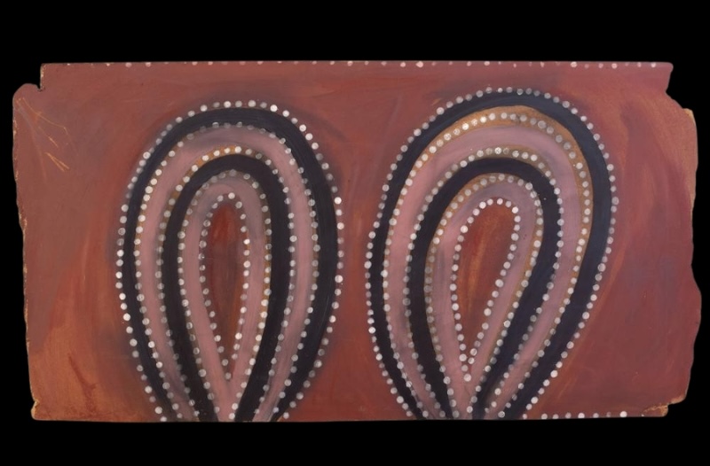 Bedford Hills by Paddy Jaminji, 1979, an early East Kimberley dance board painted in natural earth pigments on construction plywood.