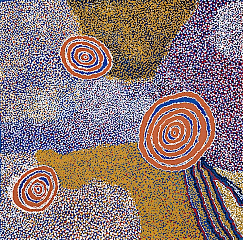Rockholes Near the Olgas 2007 by Bill Whiskey Tjapaltjarri, with four concentric rockholes surrounded by dense blue, ochre and white dotting.